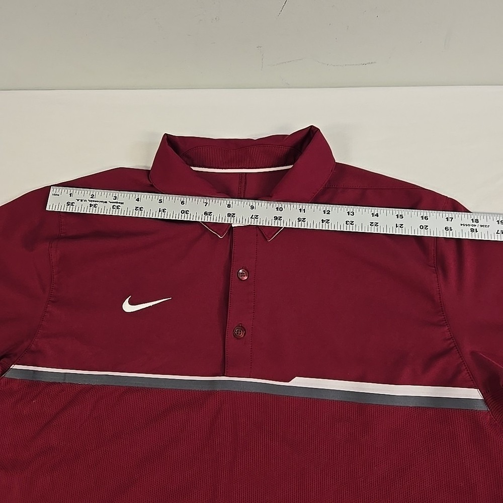Nike Dri Fit Performance Golf Polo Mens Medium Maroon Gray Stripes Logo Tennis - Picture 9 of 12